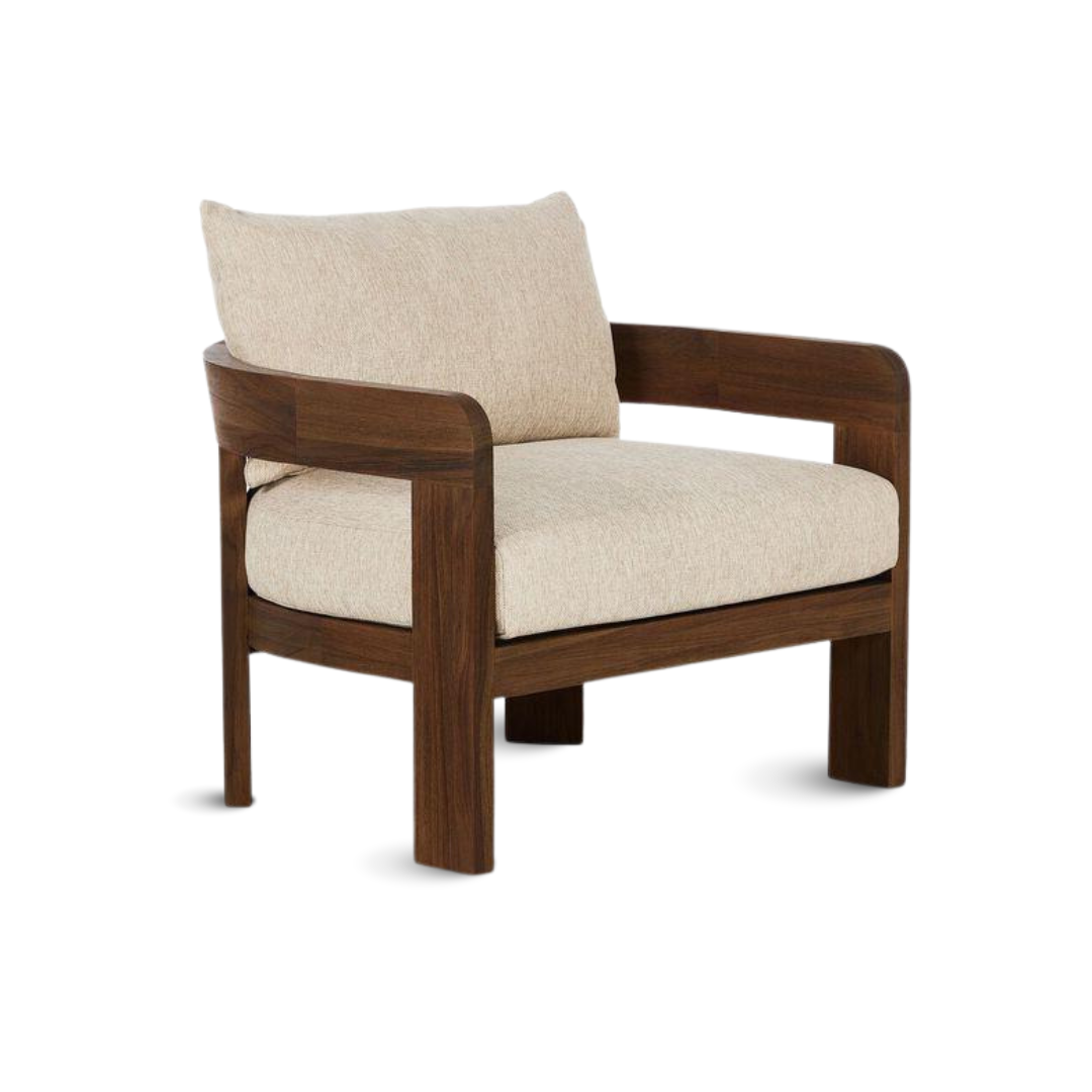 Minimalist armchair Kelly with teak wood construction and natural linen cushions